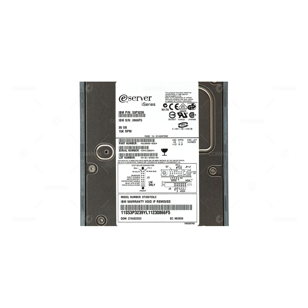 53P3239 IBM HARD DRIVE 35GB 15K 3.5 LFF SCSI 9U9006-026, ST336753LC